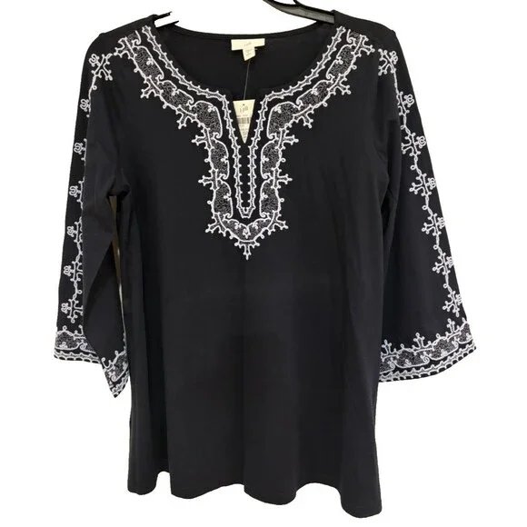 J Jill Women's Shirt SP Small Petite Long Sleeve Navy Blue Tunic Embroidered NWT - Picture 2 of 11